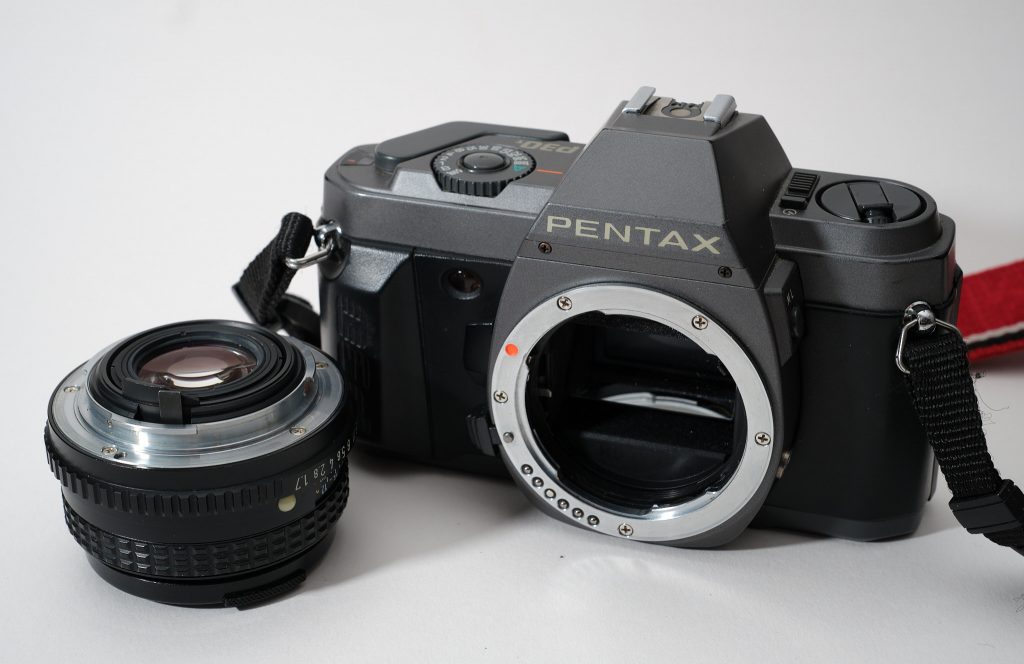 An image of the Pentax P30t film SLR with the lens removed