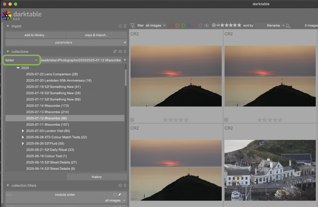 Screen shot of Darktable showing where to filter by Folder