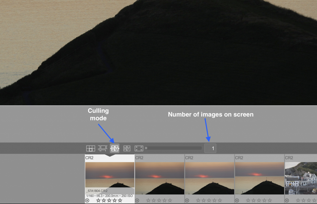 Screen shot of Darktable showing where to find the Culling Mode button and the slider to set the number of images on screen at one time