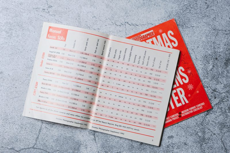 An image of a camera price guide book from 1993, open on the first page